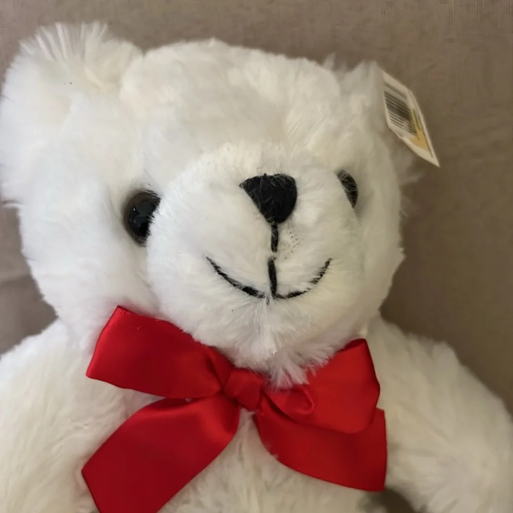 White teddy bear with red bow - Picture 2 of 6
